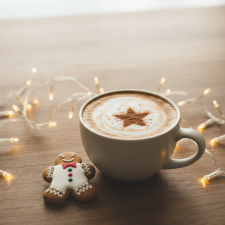 A mug of cappuccino with cinnamon and Christmas cookies on a wooden desk, decorated with fairy lights. Empty background space for textの素材