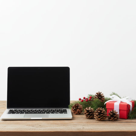Laptop on a wooden desk, next to holiday decorations (pinecones, garland, gift box). Clean white background behind for textの素材