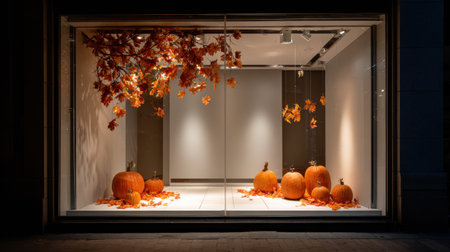 A stylish Halloween shop window with pumpkins, fall leaves, warm lighting, clean modern design, stock photo style, minimal clutter, big empty space at the top for textの素材