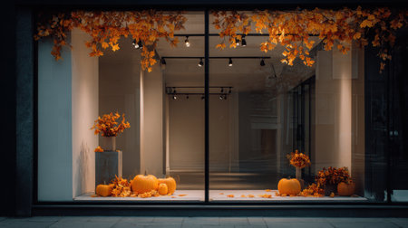 A stylish Halloween shop window with pumpkins, fall leaves, warm lighting, clean modern design, stock photo style, minimal clutter, big empty space at the top for textの素材