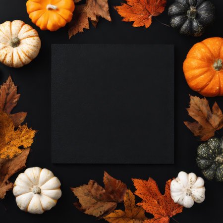 Square Halloween flat lay, pumpkins and autumn leaves on black background, big clean space in the middle for textの素材