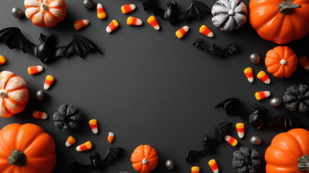 Flat lay of a desk with Halloween props: pumpkins, candy, black paper bats, clean empty central areaの素材