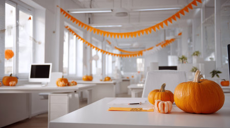 Modern office decorated for Halloween, pumpkins on desks, small garlands, subtle festive atmosphereの素材