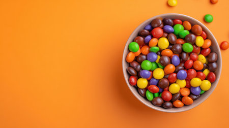 Top view of a bowl of colorful Halloween candy on orange background, clean empty zone on the leftの素材