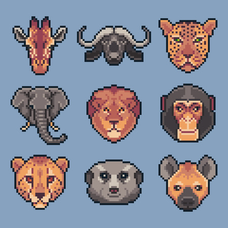 Pixel art set of vector african wild animals.のイラスト素材