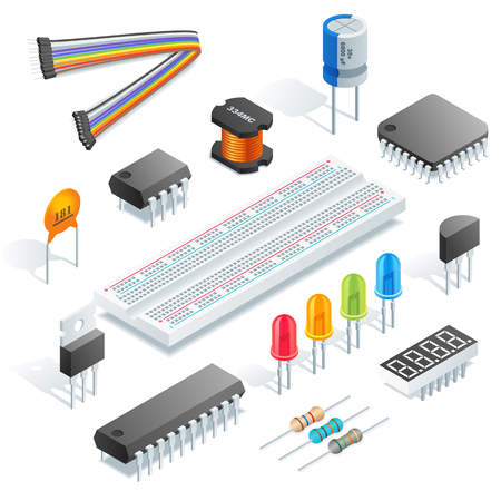 Isometric electronic components isolated on white background vector illustration.