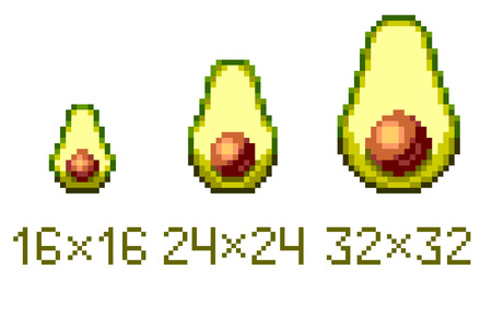 Pixel art avocado half icon in different sizes isolated on white background.のイラスト素材