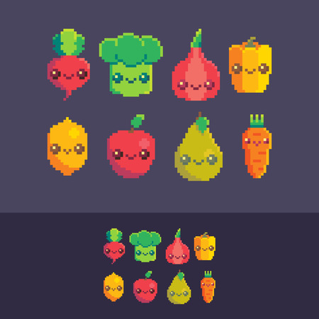Pixel art vector cute vegetables and fruits set.のイラスト素材