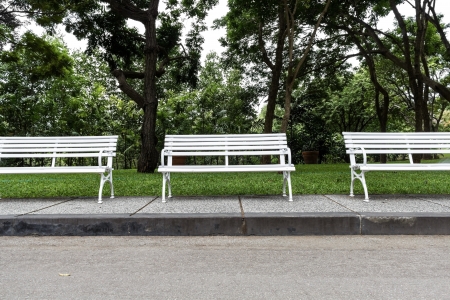 Three white chairs in the garden の写真素材
