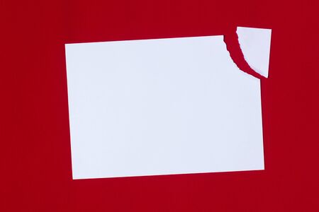 White A4 sheet of paper with a broken corner piece on a red backgroundの写真素材