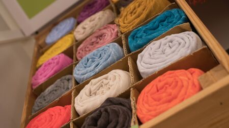 Colored scarves on sale in the shopの写真素材
