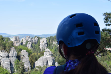 Climber looking at the mountainsの写真素材