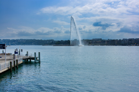 The Jet d'Eau is a large fountain in Geneva, Switzerlandの写真素材