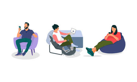 Illustration of three person. Working on phone and laptop. These illustrations can be used in advertising.のイラスト素材