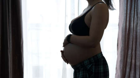 Silhouette of Pregnant Woman Touching her Tummy by the Window. Expectation of a Baby Conceptの写真素材