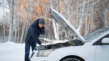 Man Calling for Help or Assistance After Car Breakdown in the Winter on a Country Road, Inspecting Car Engineの写真素材