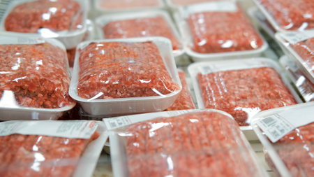 Close up of packages of chopped meat on the counter of a grocery store, vacuum packing food. Shopping, sale and lifestyle conceptの写真素材