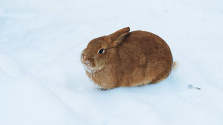 Rabbit sitting in the snow in winter day. Pets and animals conceptの写真素材