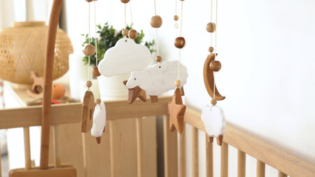 Close-up of hanging mobile with wooden toys moving on the cribの写真素材