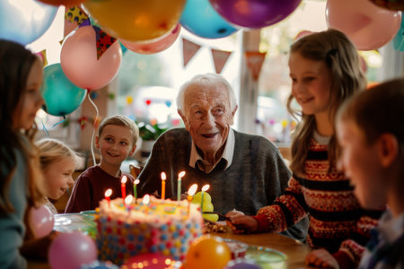 A happy elderly man with white hair and a smile on his face celebrating birthday with grandchildren at home decorated with balloons and garlandsの素材