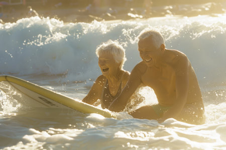 Elderly couple trying to surf together on a tropical beach during summer vaction. Bright sunlight with reflections on the waterの素材
