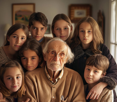 A family portrait of grandpa with grandchildren indoors, Warm tones, natural lighting, family harmonyの素材