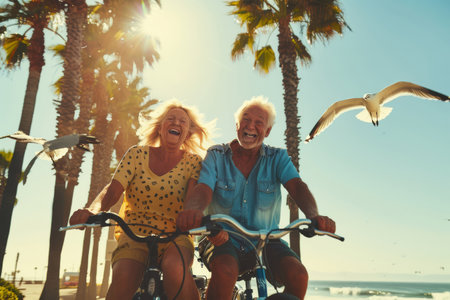 Portrait of happy elderly couple, the man and woman, riding bicycles along a coastal path lined with palm, while seagulls soar overhead and waves crash against the shoreの素材