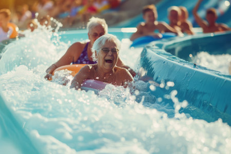 Elderly couple laughing while gliding down a waterslide together at a water park during vacation, riding inflatable tubesの素材