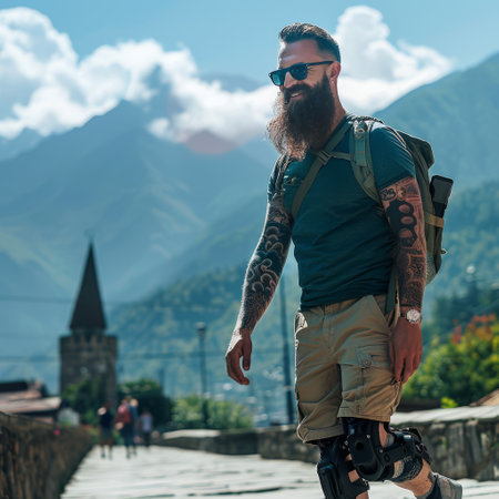 Young trendy bearded man with a prosthetic leg explores a scenic destination during a trip. The surroundings include landmarks, such as mountains and city streetの素材