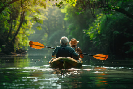 Rear view of cheerful elderly couple tandem kayaking down a tranquil river, surrounded by lush greenery, and the gentle flow of the water. Soft morning light filtering through the treesの素材