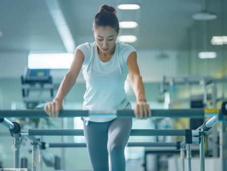 A woman patient is engaged in rehabilitation exercises on parallel bars to improve lower limb function. The surroundings feature a well-lit rehabilitation gym with various equipment in the backgroundの素材