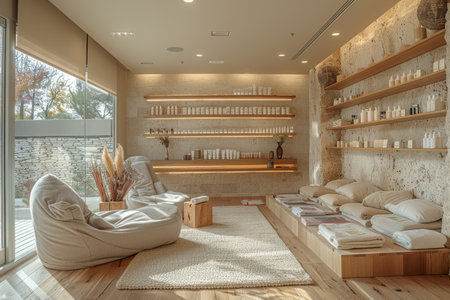 Modern homeopathy consultation medical room features a comfortable seating area where clients wait their turn, flipping through magazines or sipping herbal teaの素材