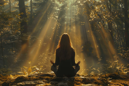 Rear view of young female sitting and meditating in a forest. Beautiful sunlight faliing thrugh the trees. Connection with the earth and natureの素材