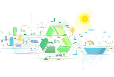 Staggered lines Quality City 5 Recycling symbol with city and some elements of environmental vector...