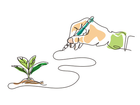 sketch lifestyle A010_hand hold the pen and painting seedling to shows the concept of eco vector illustration graphic EPS 10のイラスト素材