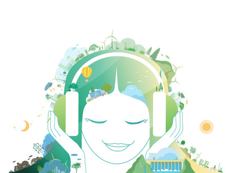 ESG and ECO friendly community with a girl listening the sound form the nature shows the concept of environmental protection vector illustration graphic EPS 10のイラスト素材