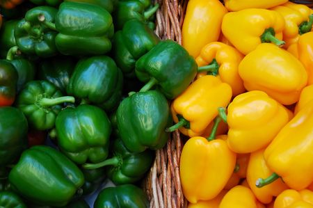 Different colors green and yellow peppersの写真素材