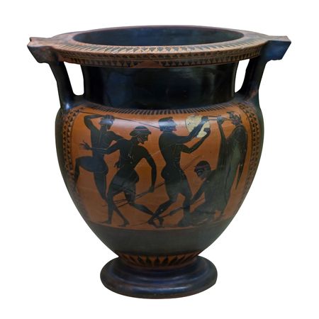 Ancient greek vase in black over red ceramic depicting people with spears and a musicianの写真素材