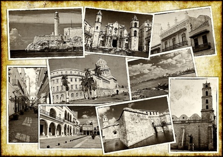 Old postcards of Havana on a grunge backgroundの写真素材