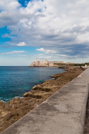 Vertical view of the fortress of El Morro and the sea wall in Havana, Cubaの写真素材