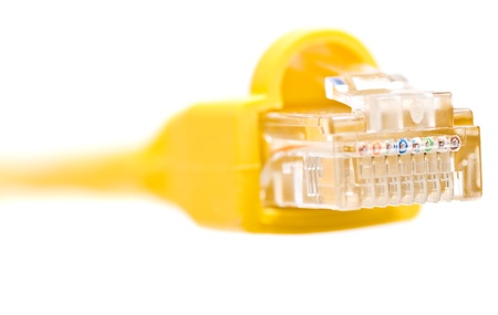 A network RJ45 connector on a white background with a vanishing point perspective