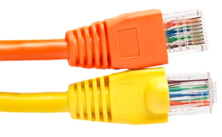 Two brightly colored network RJ45 conenctors on a white background exposing the two sides of the...