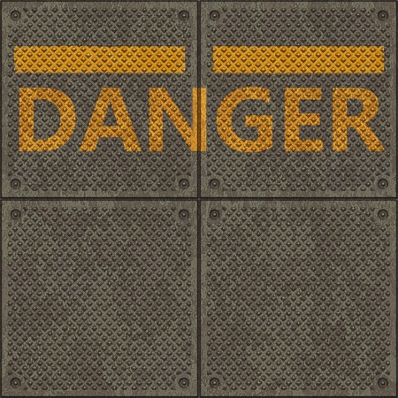 Seamless metal pavement textur with a yellow line and the word DANGERの写真素材
