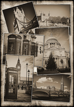 Collection of old postcards of London featuring famous landmarks on a grunge backgroundのeditorial素材