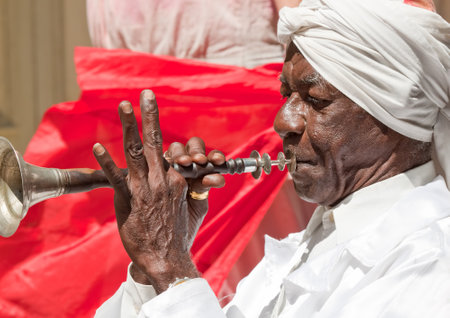 HAVANA-MARCH 25:Old man playing the trumpet March 25,2011 in Havana.With the expansion of tourism,many cubans earn their lives working for tourists as street performers playing traditional musicのeditorial素材