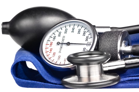 Sphygmomanometer and stethoscope kit used to measure blood pressure isolated on white