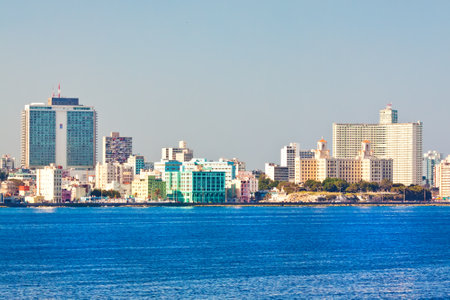 Skyline of Havana with several well known buildings as seen from the oceanのeditorial素材