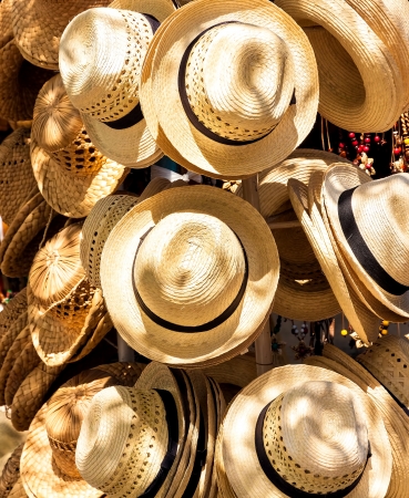 Handmade hats for sale on a touristic street market in the beach of Varadero in Cubaの写真素材