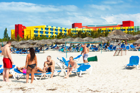 Tourists sunbathing at the Barcelo Solymar Hotel at a cuban beach April 7,2013 in Varadero With over 1 million visitors in 2012,Varadero is the preferred destination for tourists visiting Cubaのeditorial素材