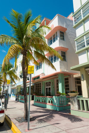 MIAMI,USA - MAY 21,2014 : Ocean Drive hotels and buildings in Miami Beach, Florida. Art Deco architecture in South Beach is one of the main tourist attractions in Miamiのeditorial素材